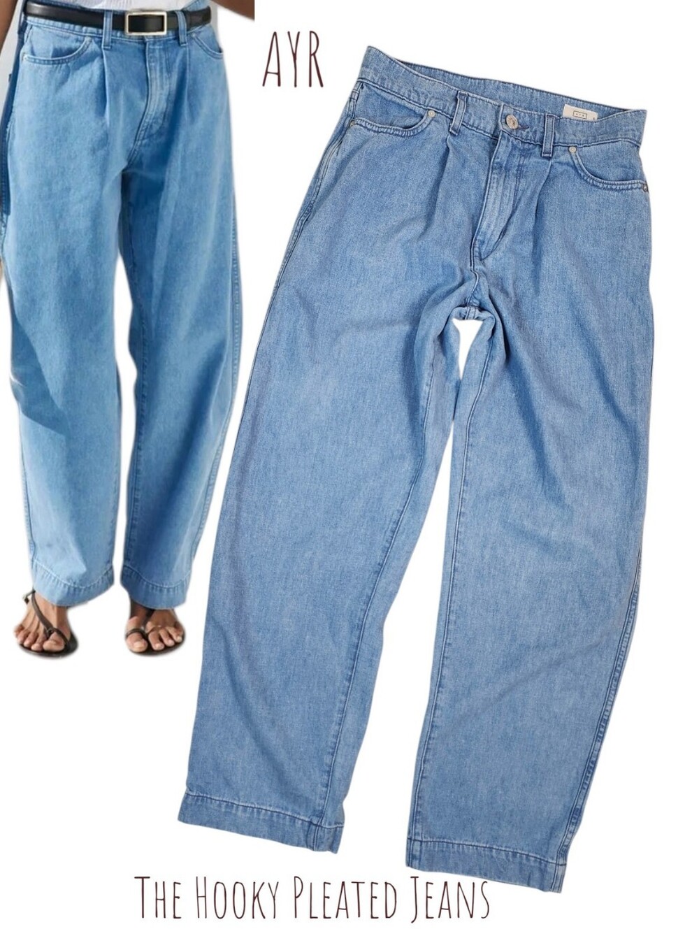 AYR The Hooky Pleated High Rise Wide Leg Jeans Hemp Cotton Blend Light Blue 25